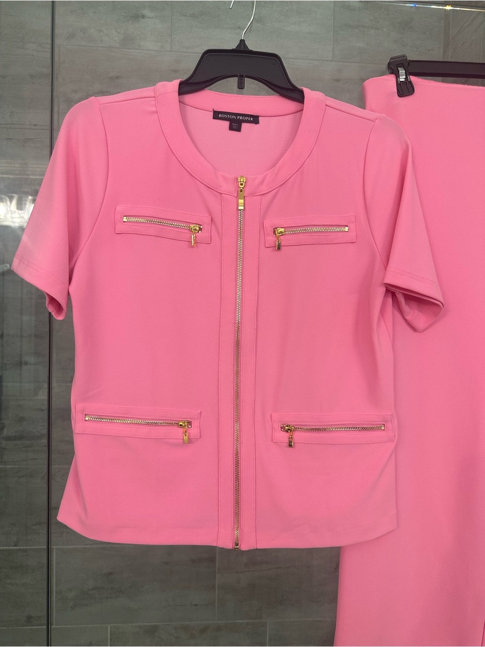 Boston Proper Pink Short Sleeve Zip Jacket with Gold Hardware